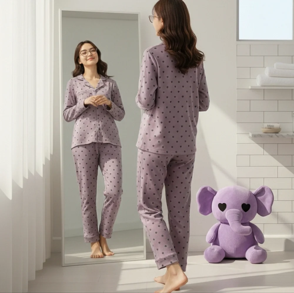 Luxury 95 % Cotton Heart Print Pajama Set - High-End Button Down Sleepwear New